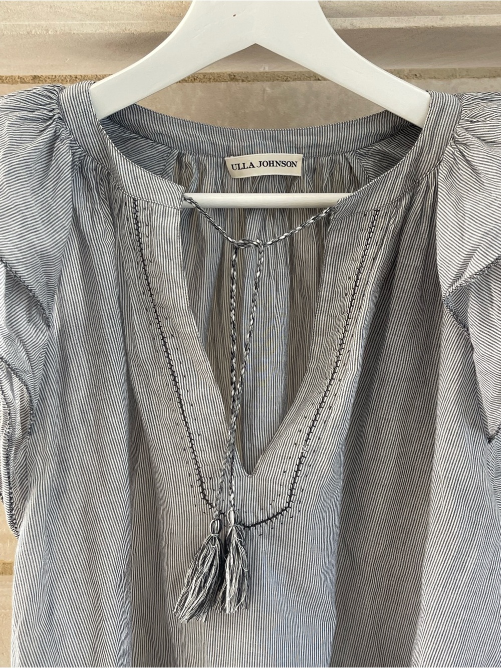 Ulla Johnson Light Blue Striped Tassel Flutter Sleeve Top - Picture 3 of 5